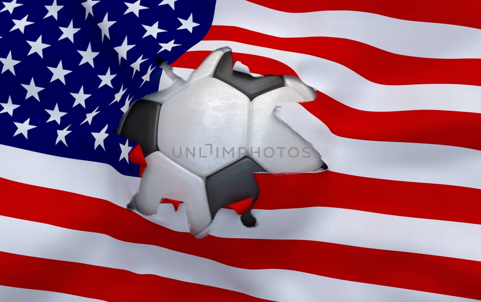 The hole in the flag of USA and soccer ball by Barbraford