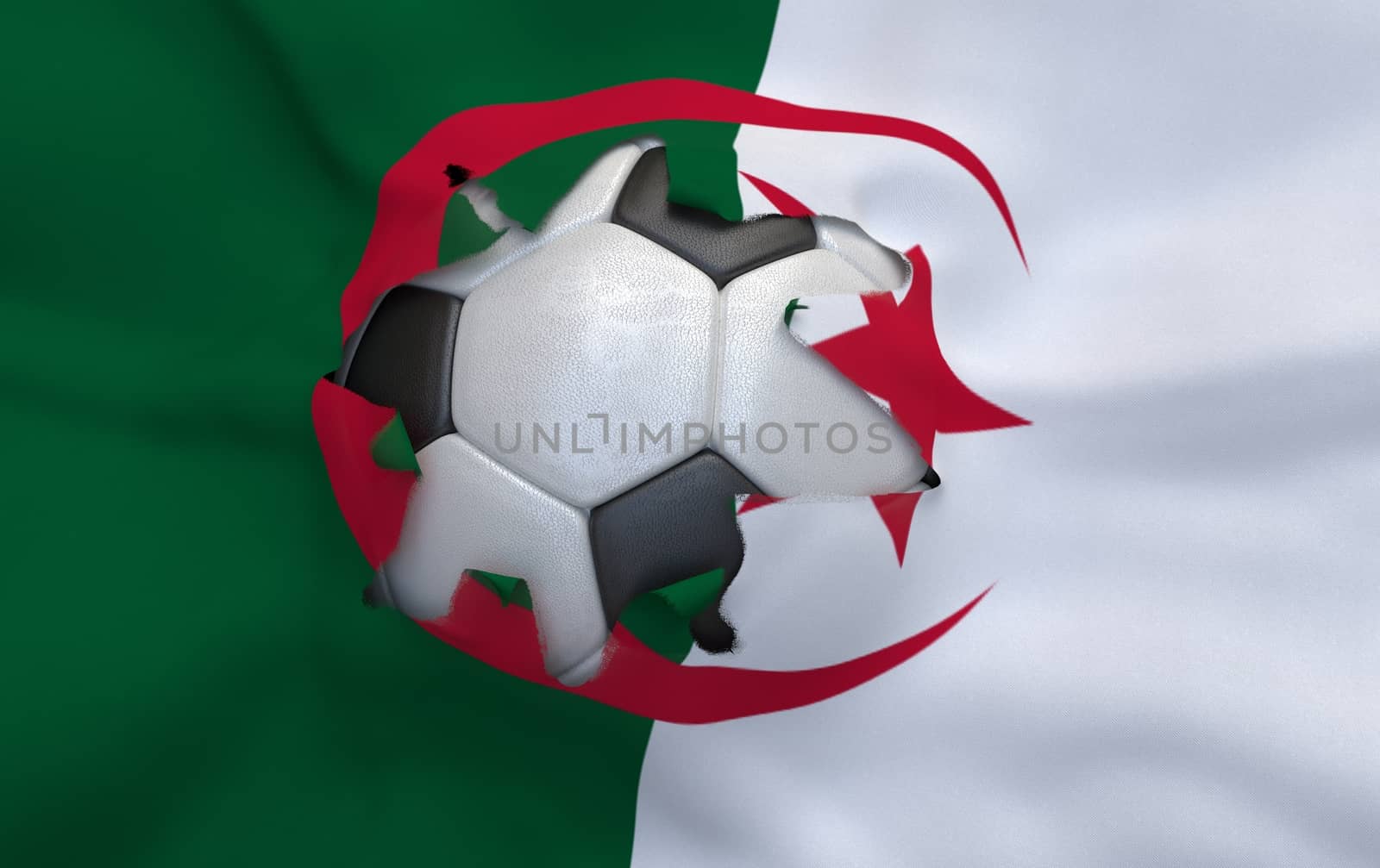 Flag of Algeria and soccer ball, hole in flag