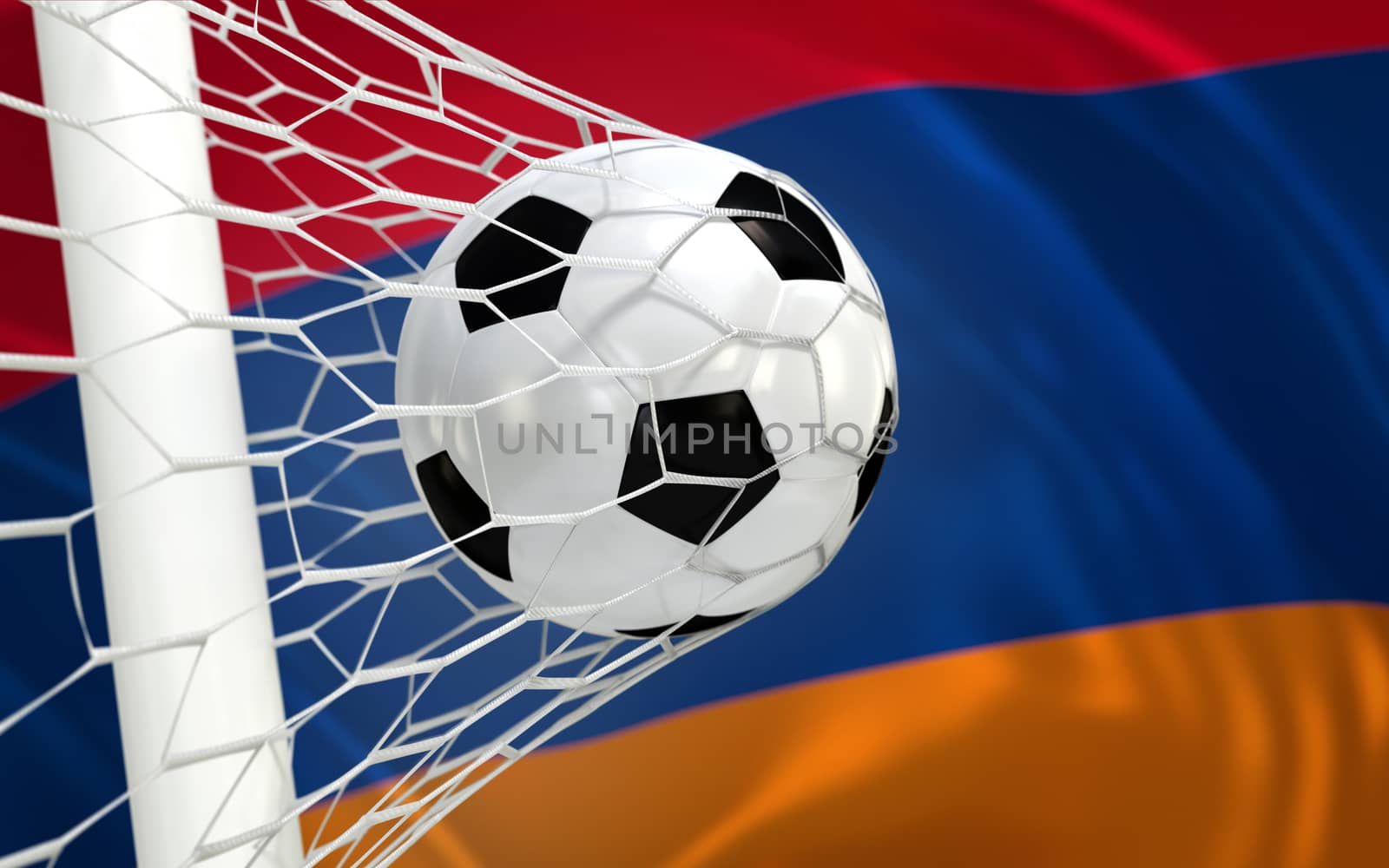 Armenia flag and soccer ball, football in goal net