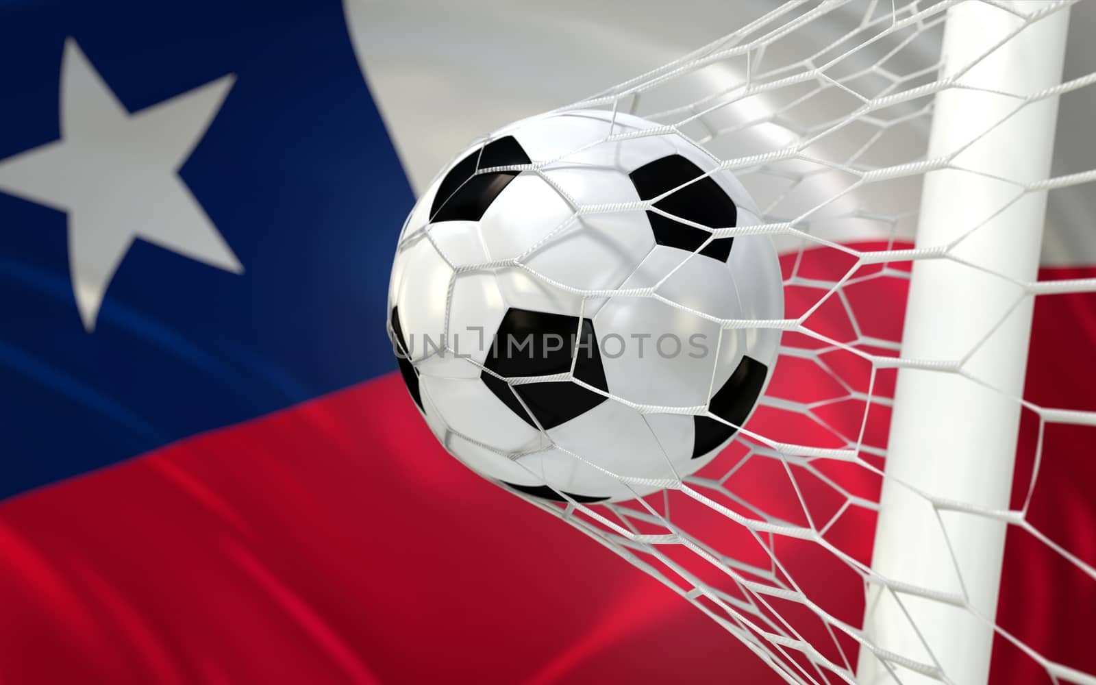 Chile flag and soccer ball, football in goal net