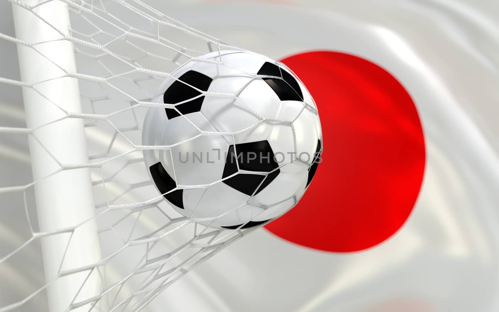 Japan flag and soccer ball, football in goal net