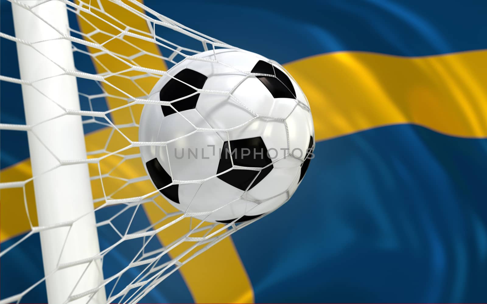 Sweden waving flag and soccer ball in goal net by Barbraford
