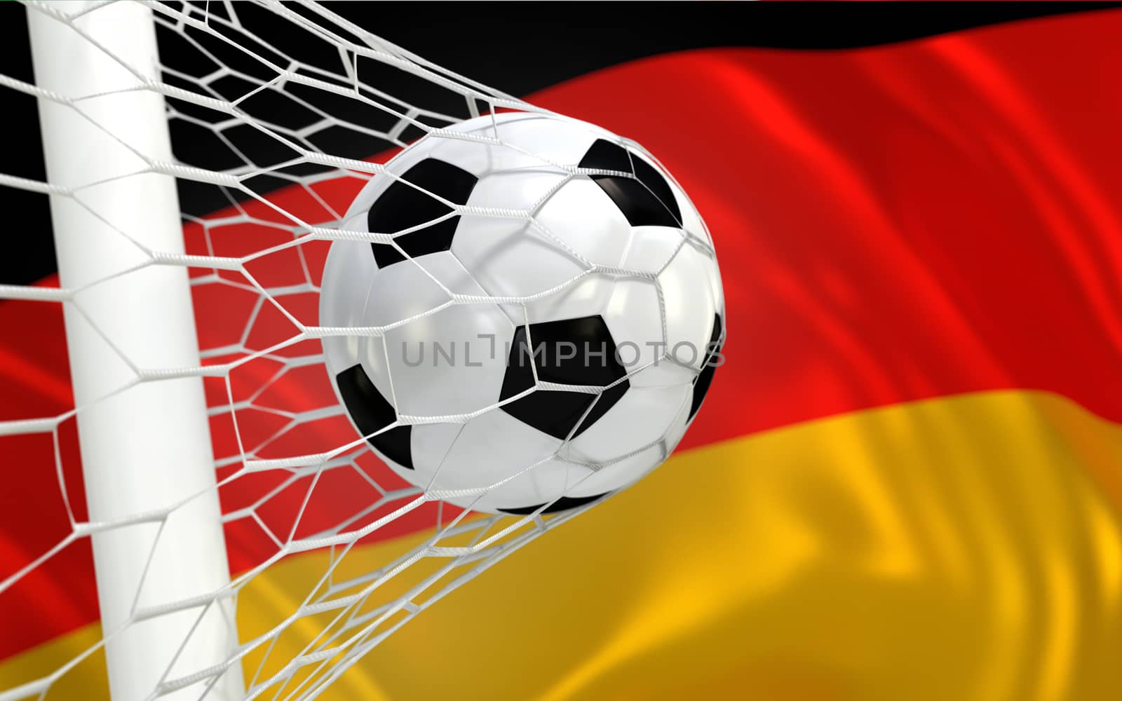 Germany flag and soccer ball, football in goal net