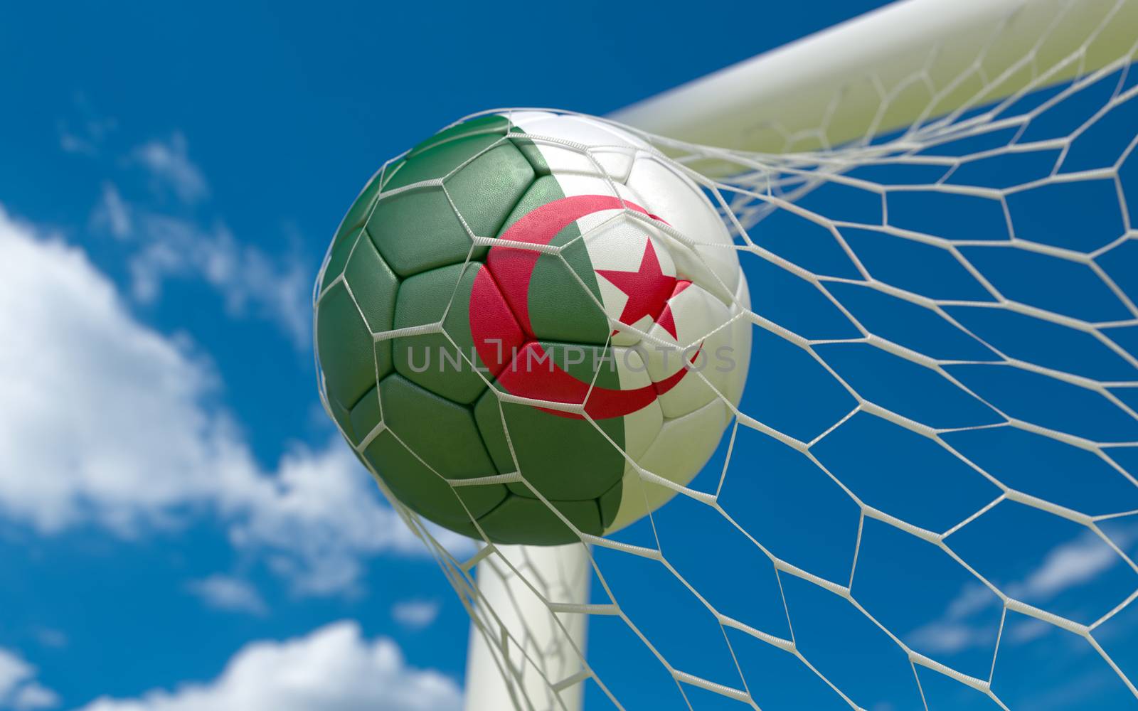 Algeria flag and soccer ball in goal net by Barbraford