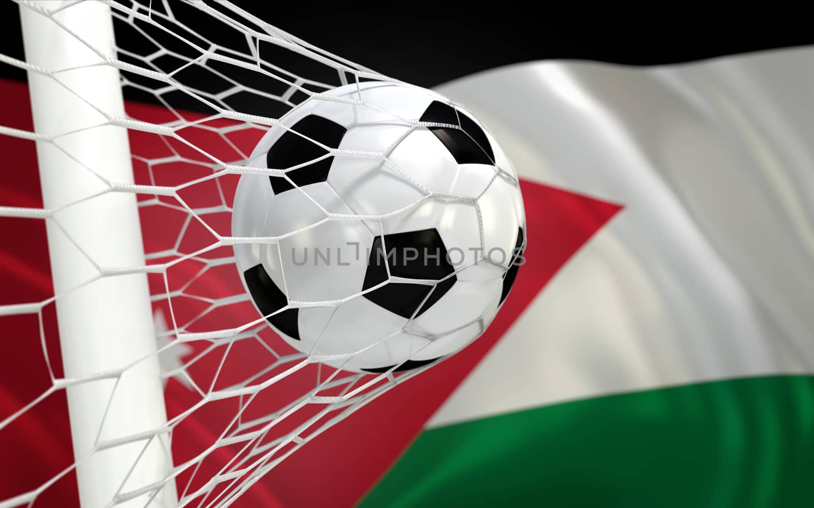 Jordan waving flag and soccer ball in goal net by Barbraford