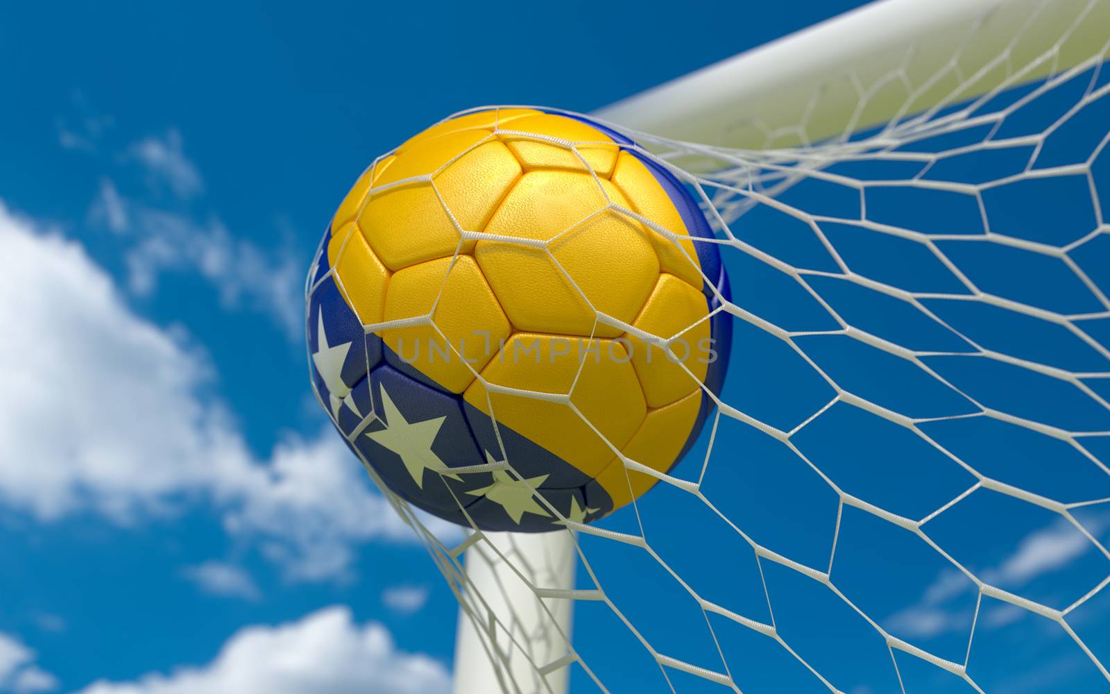  Bosnia and Herzegovina flag and soccer ball, football in goal net