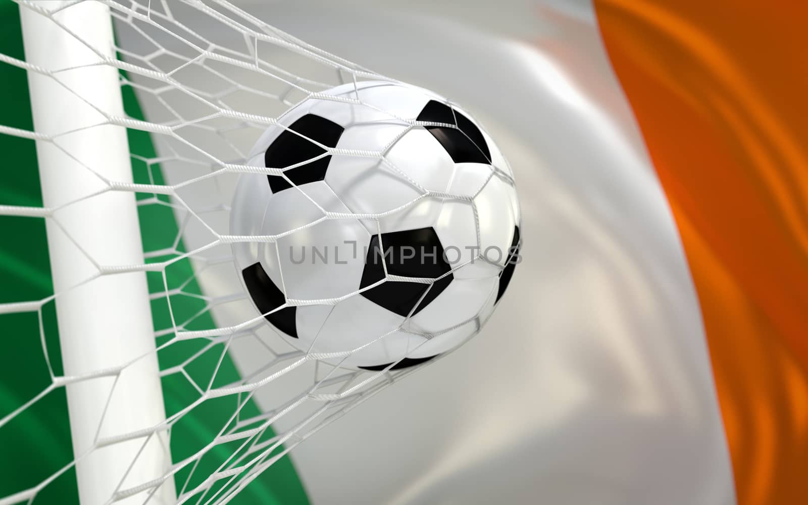 Flag of Ireland and soccer ball in goal net by Barbraford
