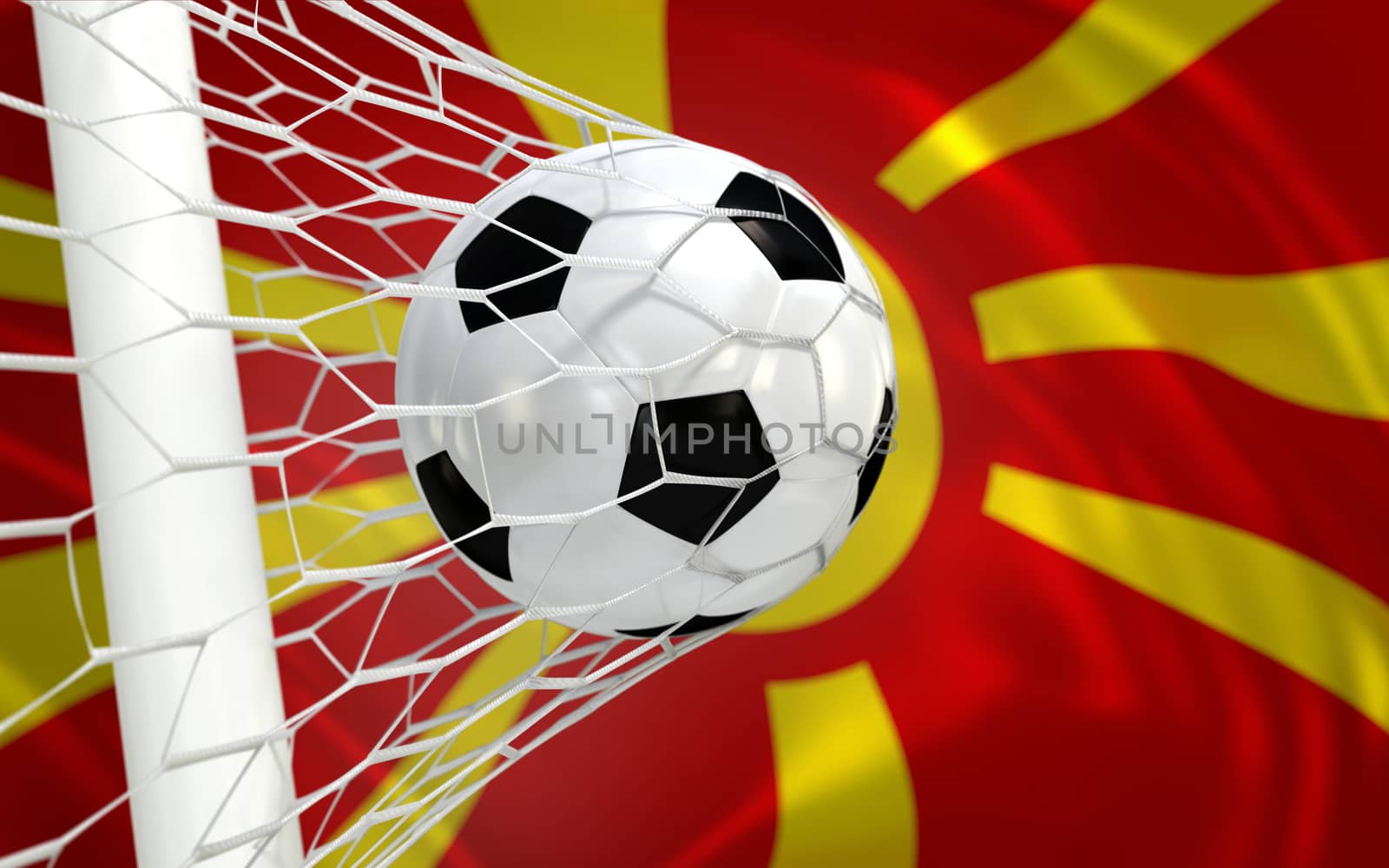 Flag of Macedonia and soccer ball in goal net by Barbraford
