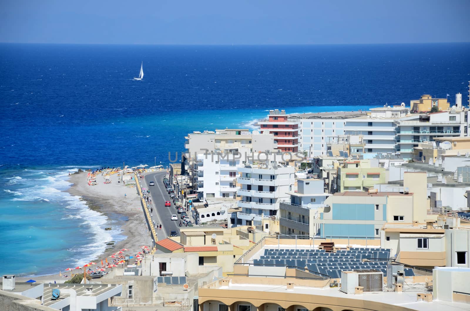 General cityscape of Rhodes city in Greece. Famous holiday resort. View from acropolis hills.