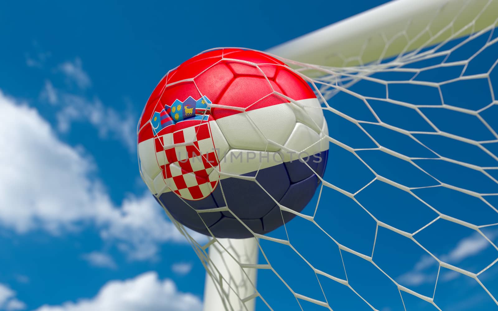 Croatia flag and soccer ball, football in goal net