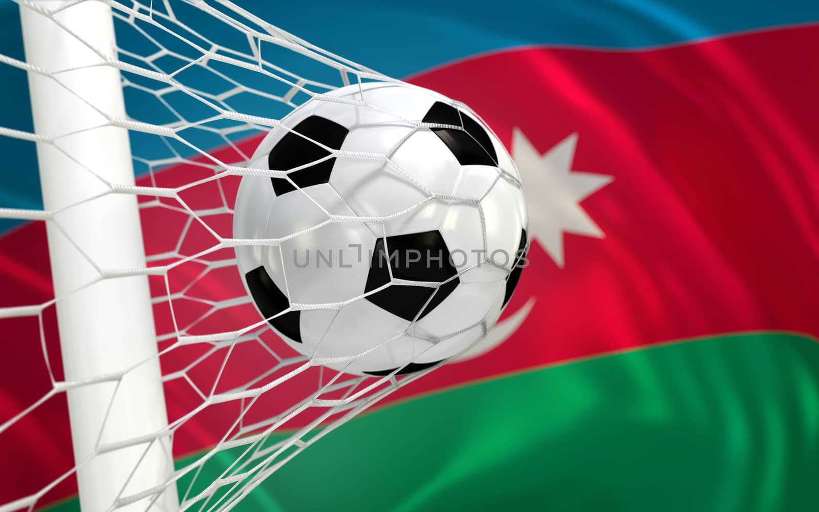 Azerbajan flag and soccer ball, football in goal net