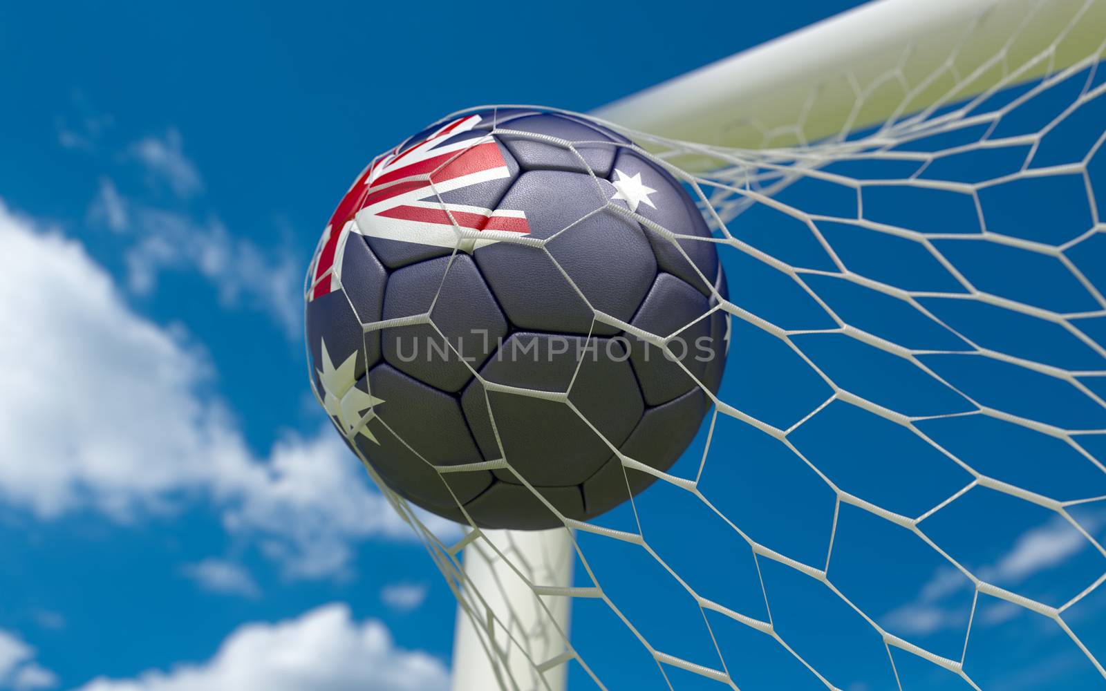 Australia flag and soccer ball in goal net by Barbraford