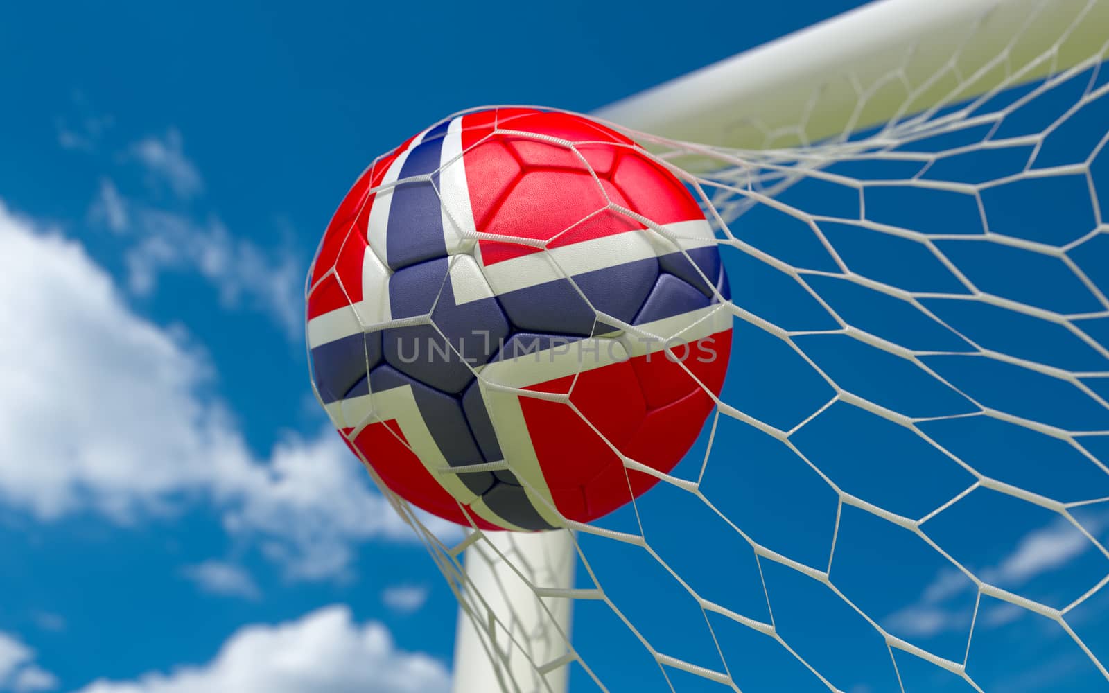 Norway flag and soccer ball in goal net by Barbraford