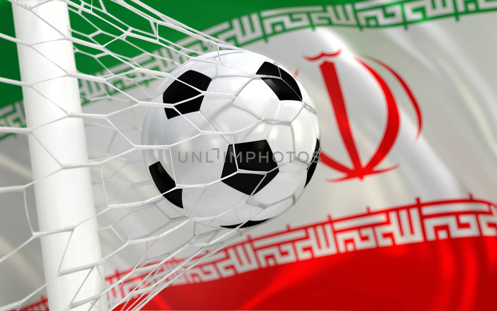 Iran flag and soccer ball, football in goal net