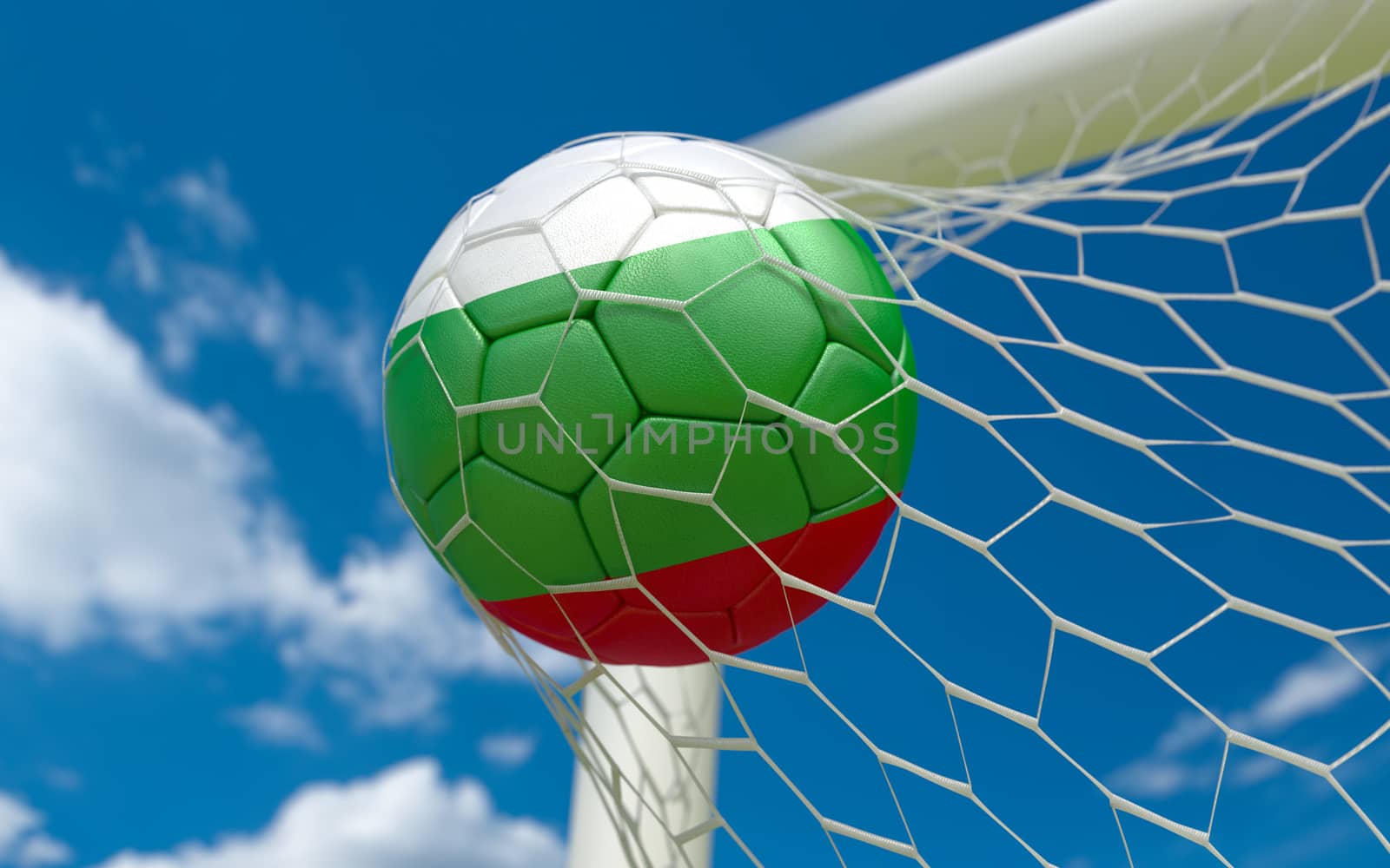 Bulgaria flag and soccer ball, football in goal net