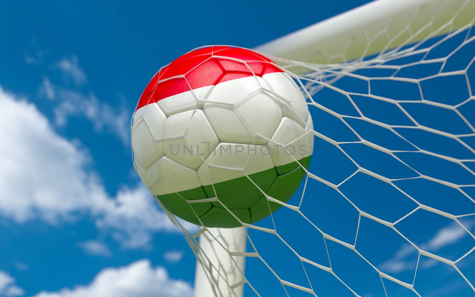 Hungary flag and soccer ball in goal net by Barbraford