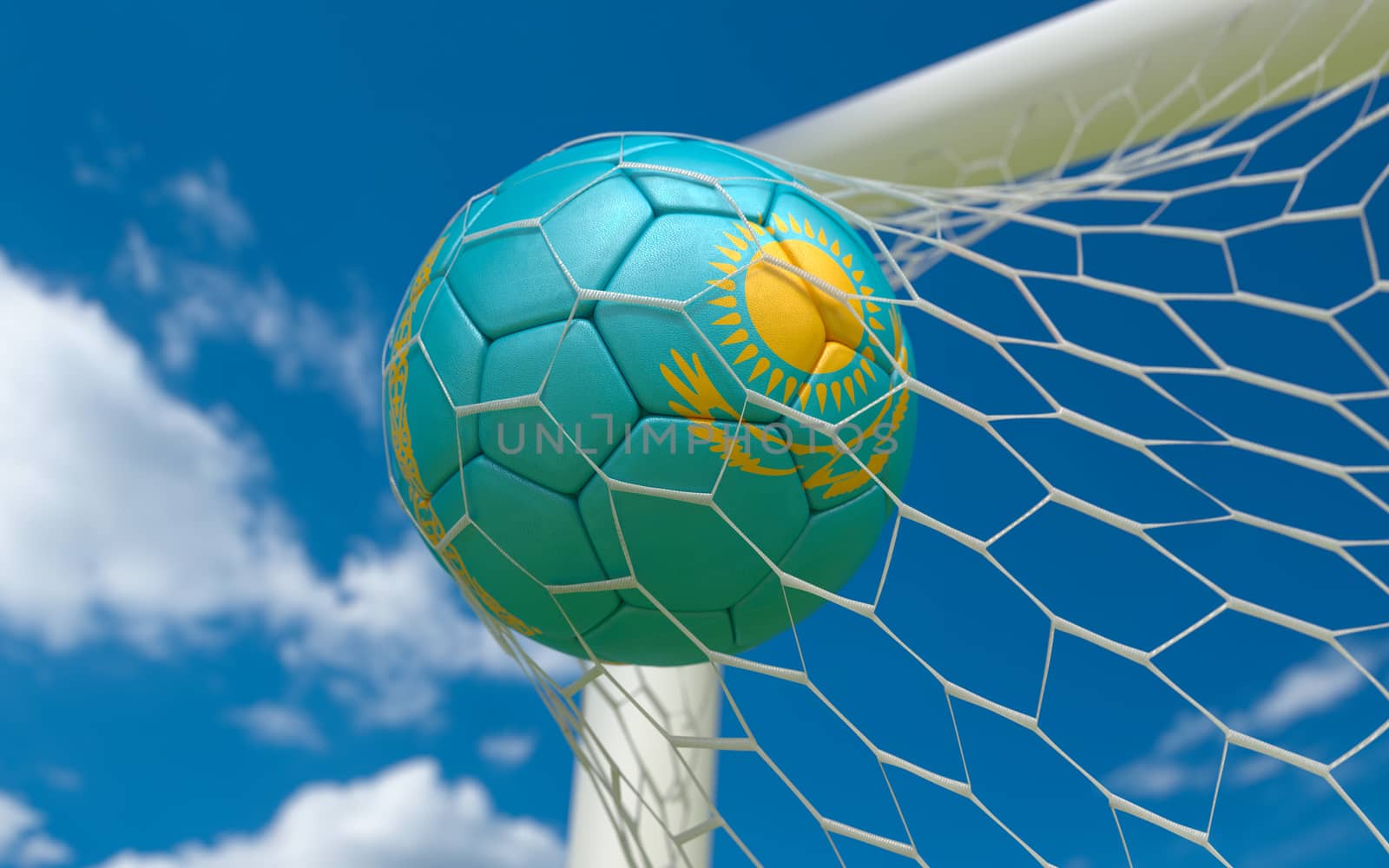 Flag of Kazakhstan and soccer ball in goal net by Barbraford