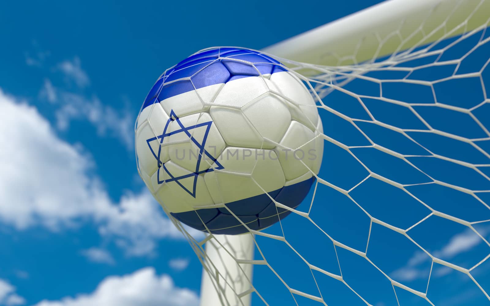Flag of Israel and soccer ball in goal net by Barbraford