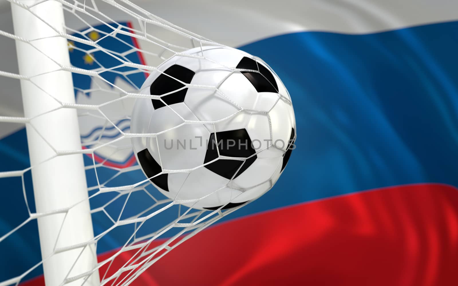 Slovenia flag and soccer ball, football in goal net