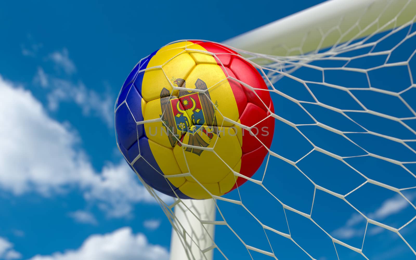 Moldova flag and soccer ball, football in goal net