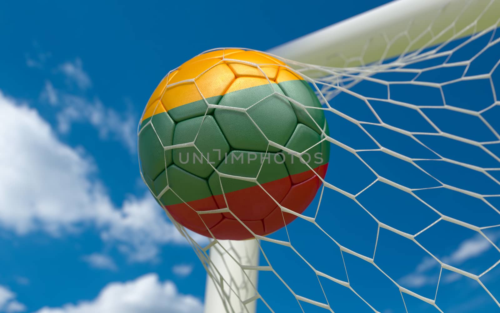 Flag of Lithuania and soccer ball in goal net by Barbraford