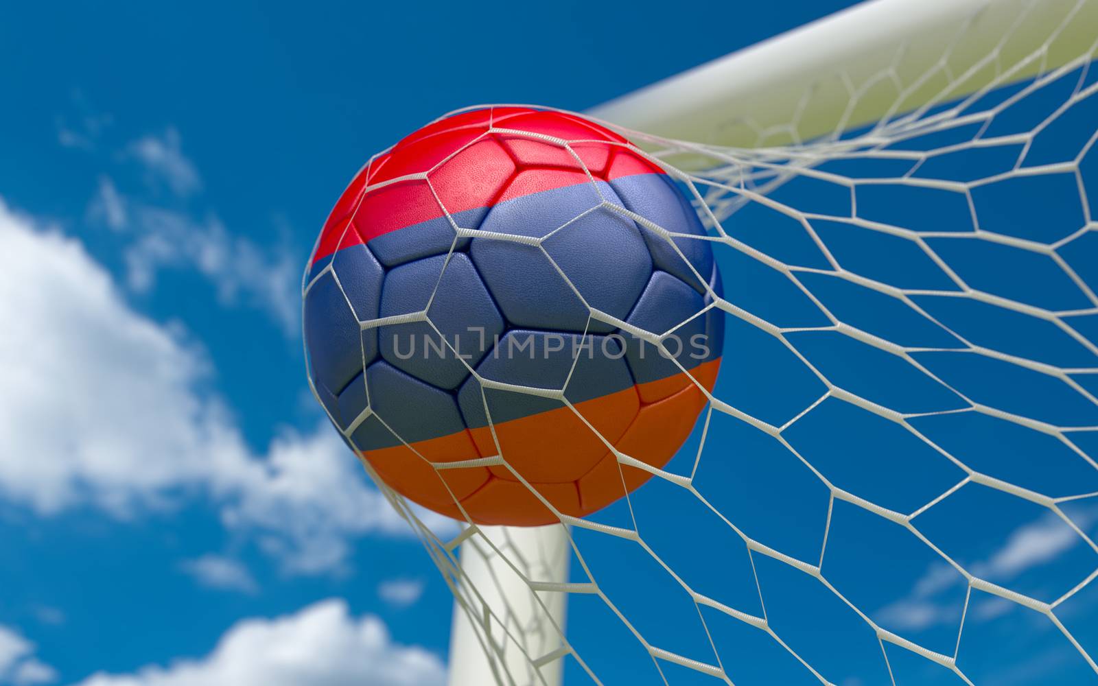 Armenia flag and soccer ball, football in goal net