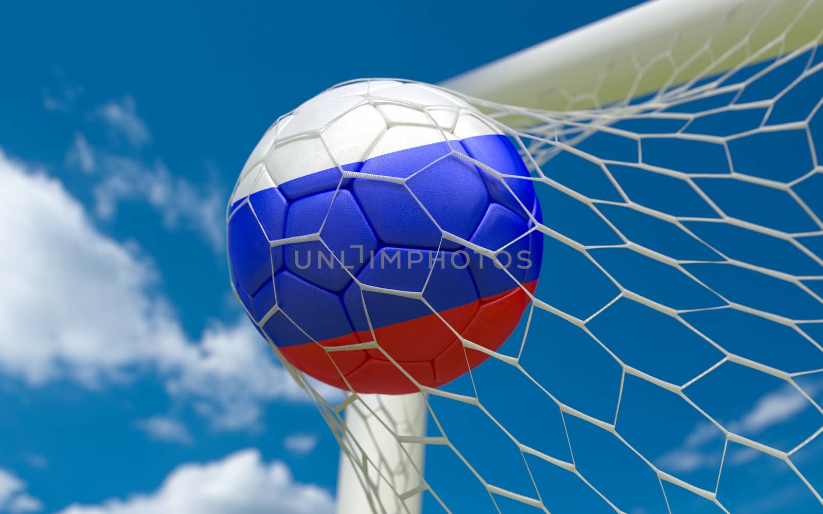 Russia flag and soccer ball in goal net by Barbraford