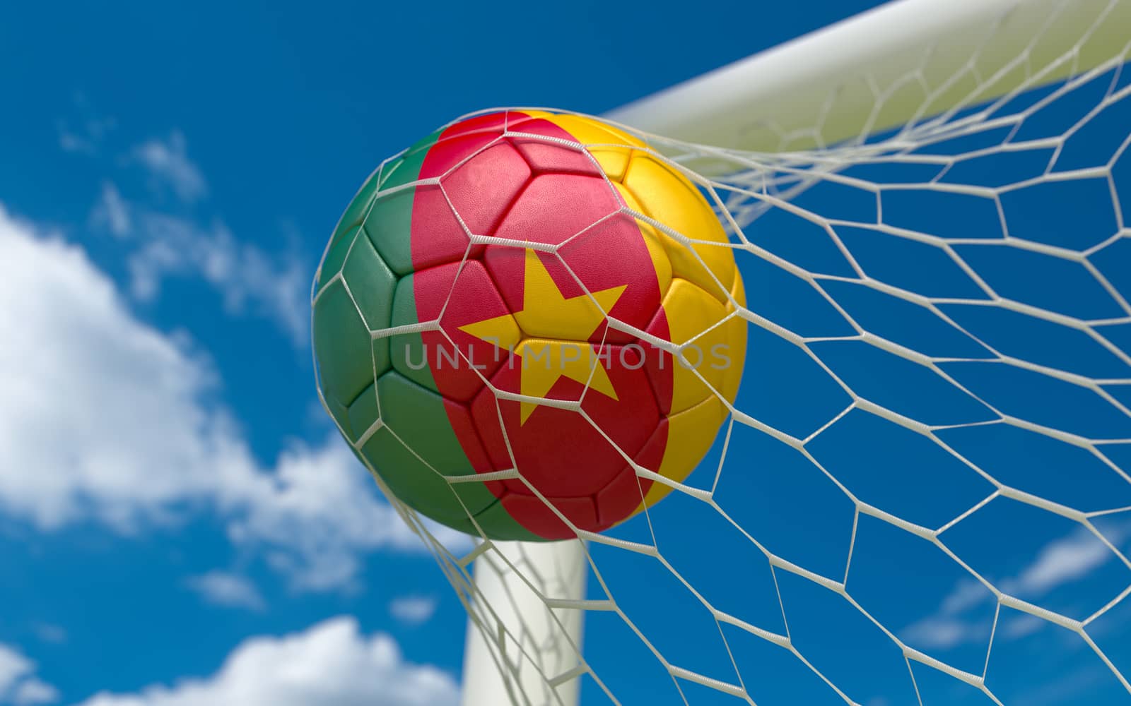 Cameroon flag and soccer ball in goal net by Barbraford
