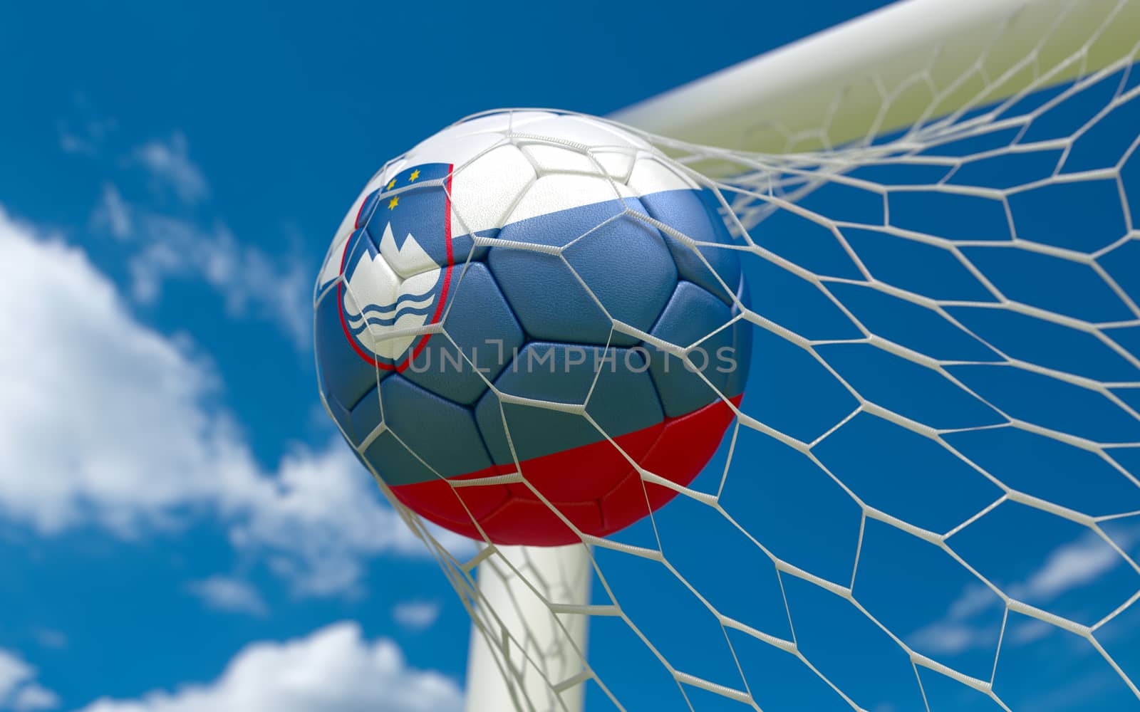 Flag of Slovenia and soccer ball in goal net by Barbraford