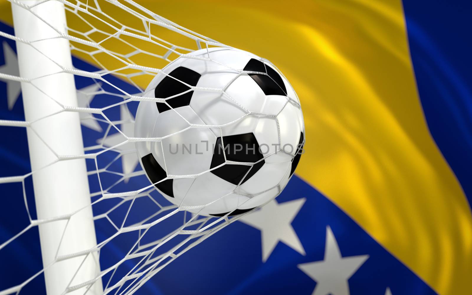  Bosnia and Herzegovina flag and soccer ball, football in goal net