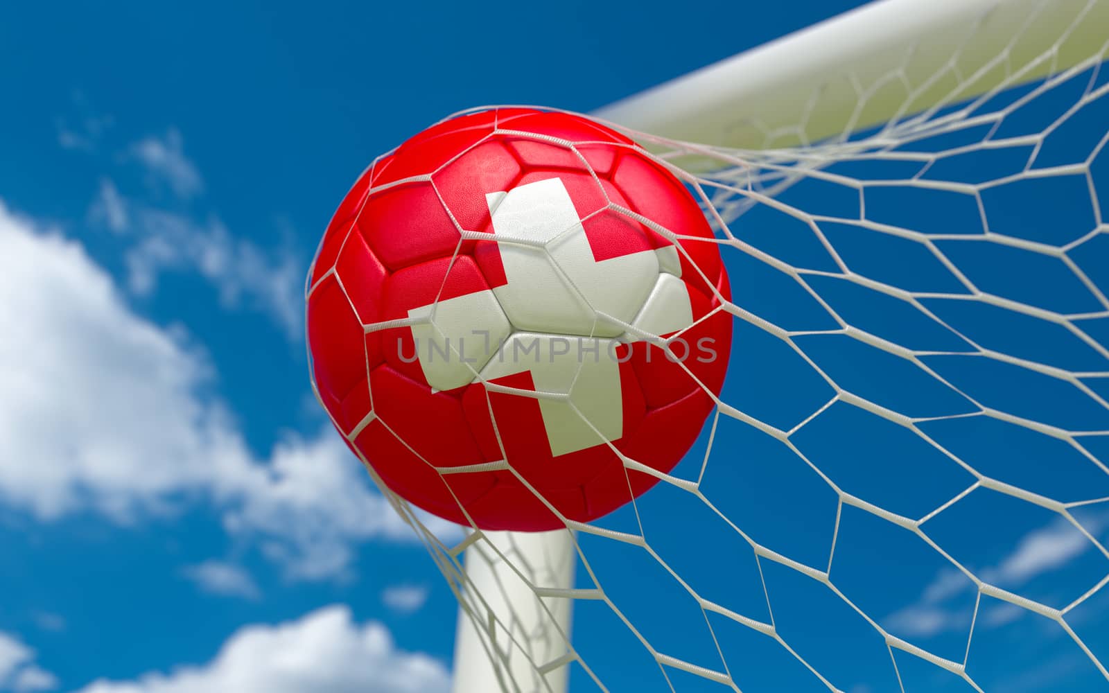 Switzerland flag and soccer ball in goal net by Barbraford