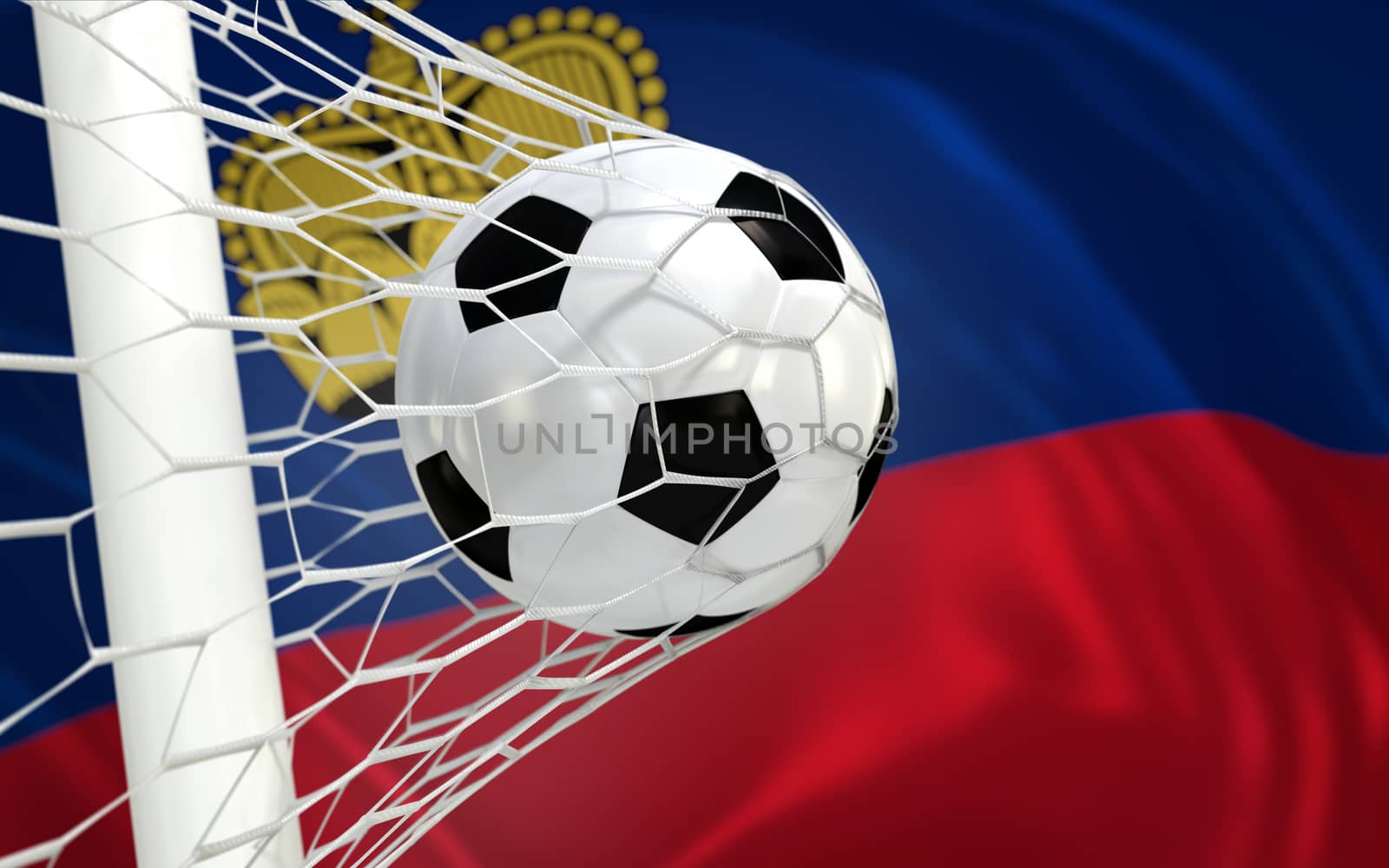 Flag of Liechtenstein and soccer ball in goal net by Barbraford