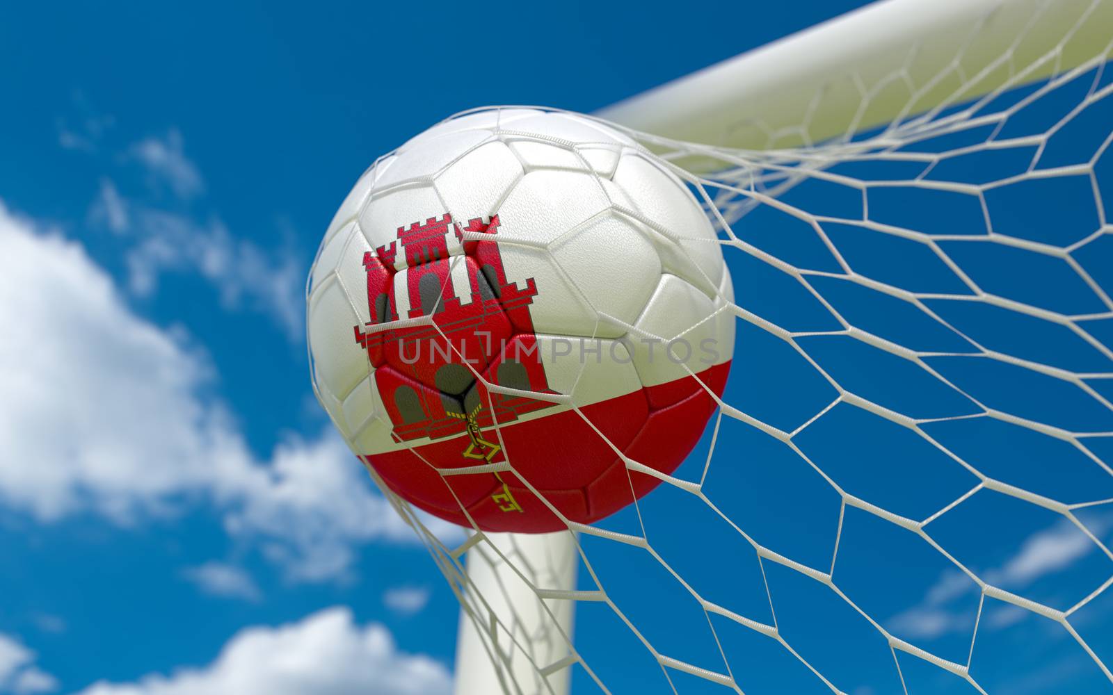 Gibraltar flag and soccer ball, football in goal net