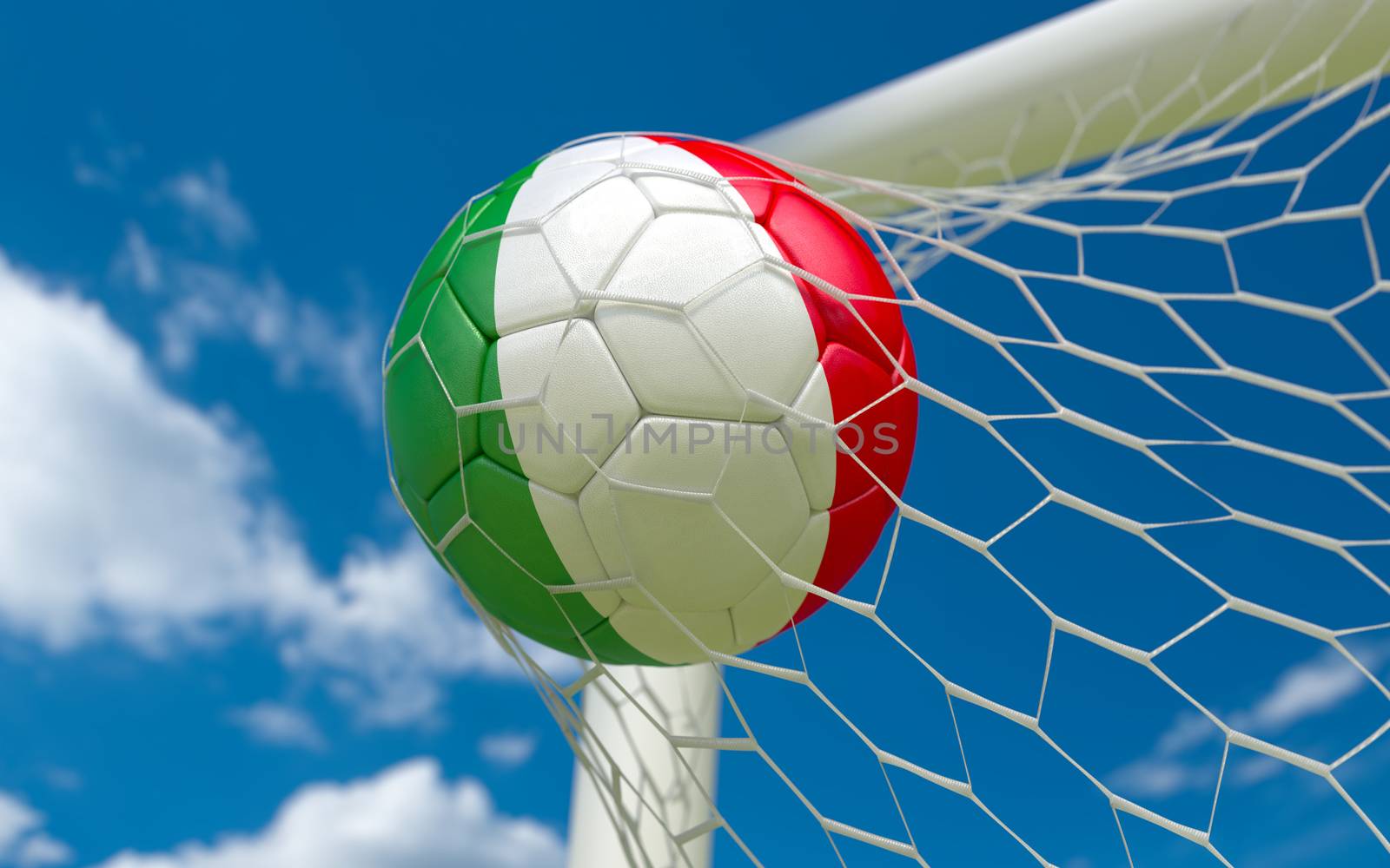 Italy flag and soccer ball in goal net by Barbraford