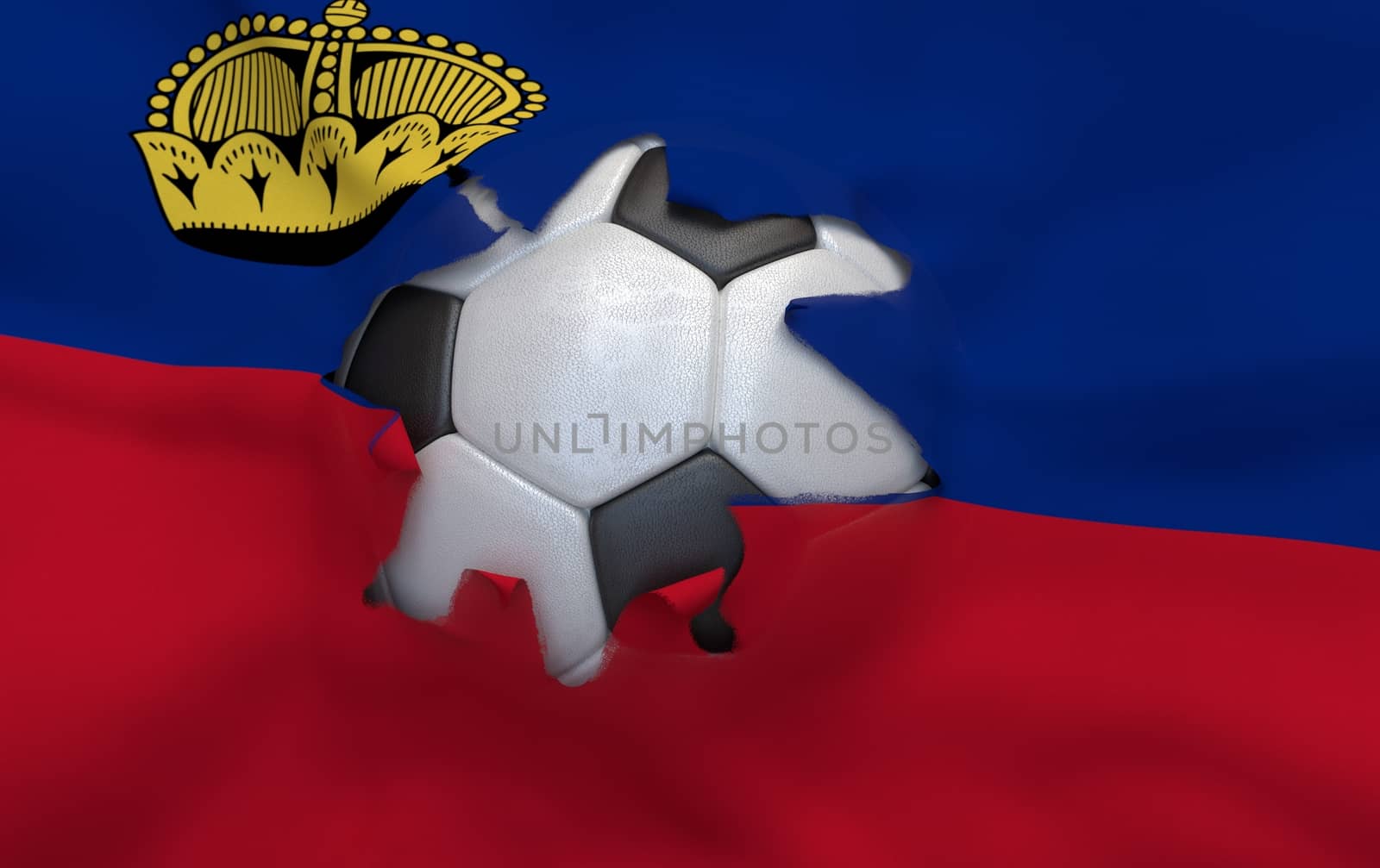 Flag of Liechtenstein and soccer ball, hole in flag
