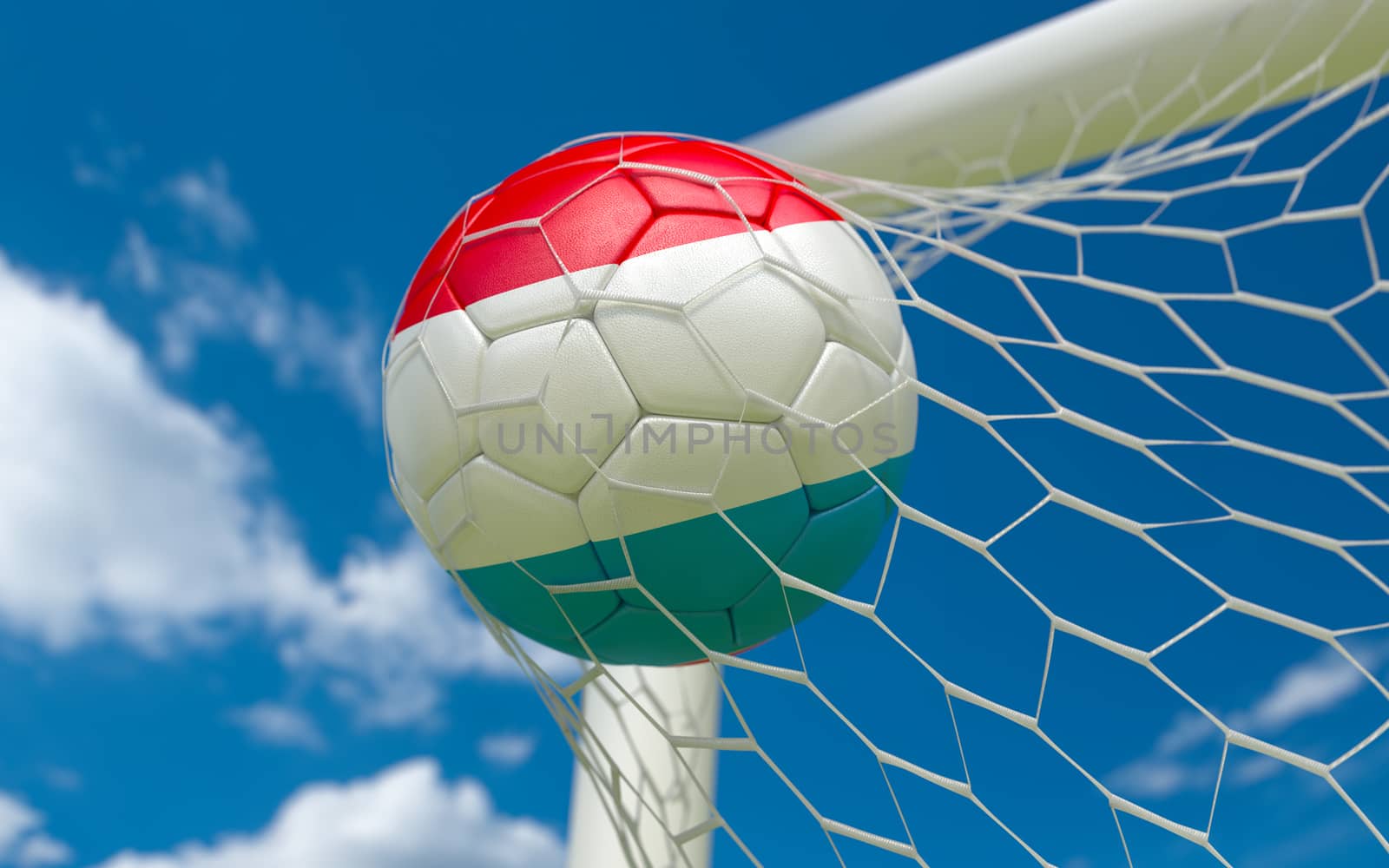 Luxembourg flag and soccer ball, football in goal net