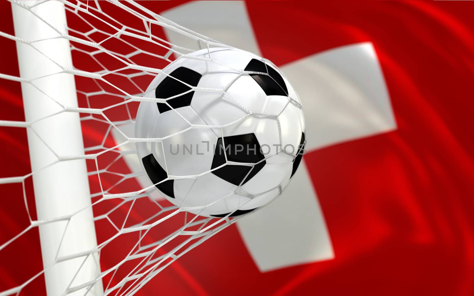 Switzerland waving flag and soccer ball in goal net by Barbraford
