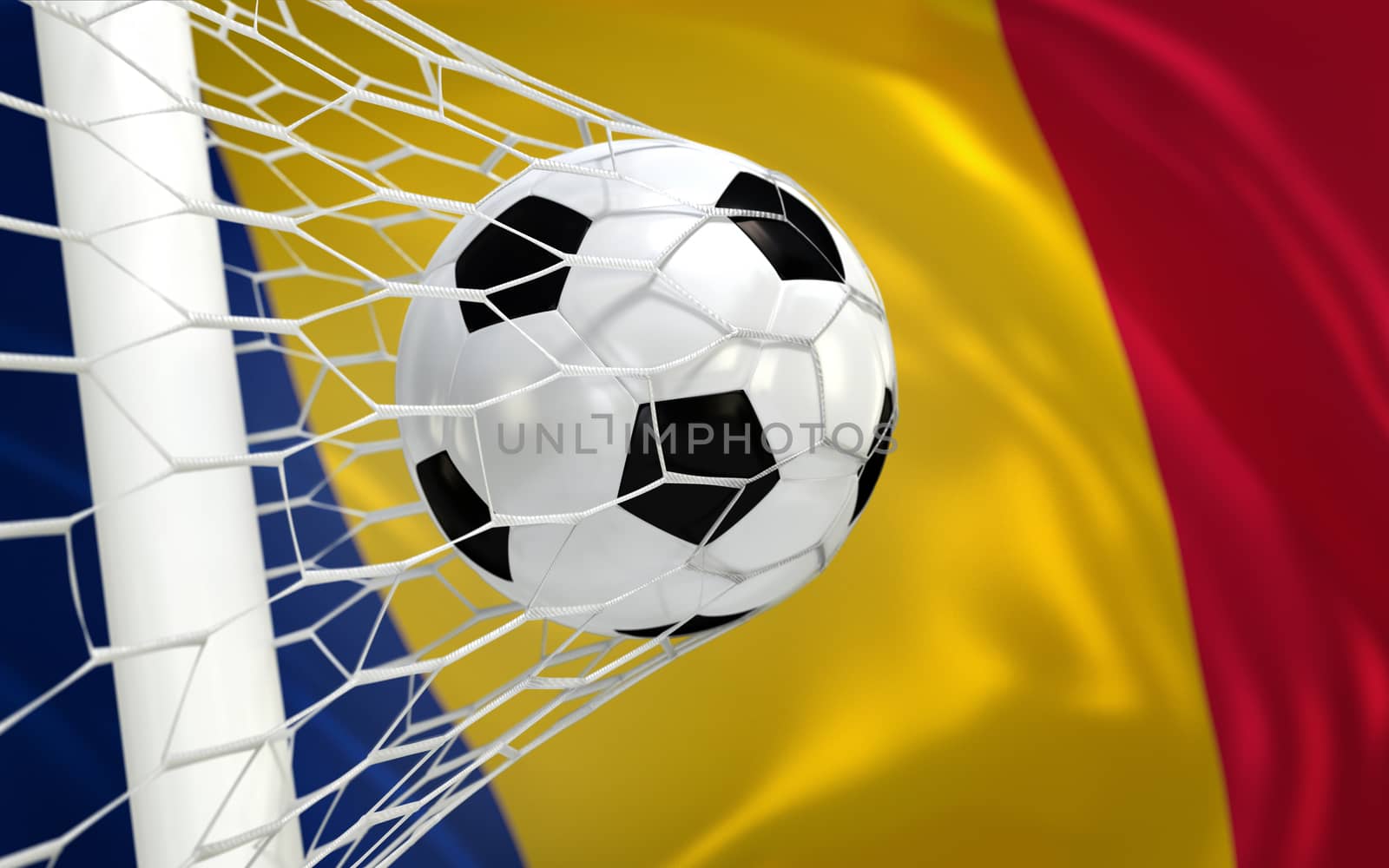 Romania flag and soccer ball, football in goal net