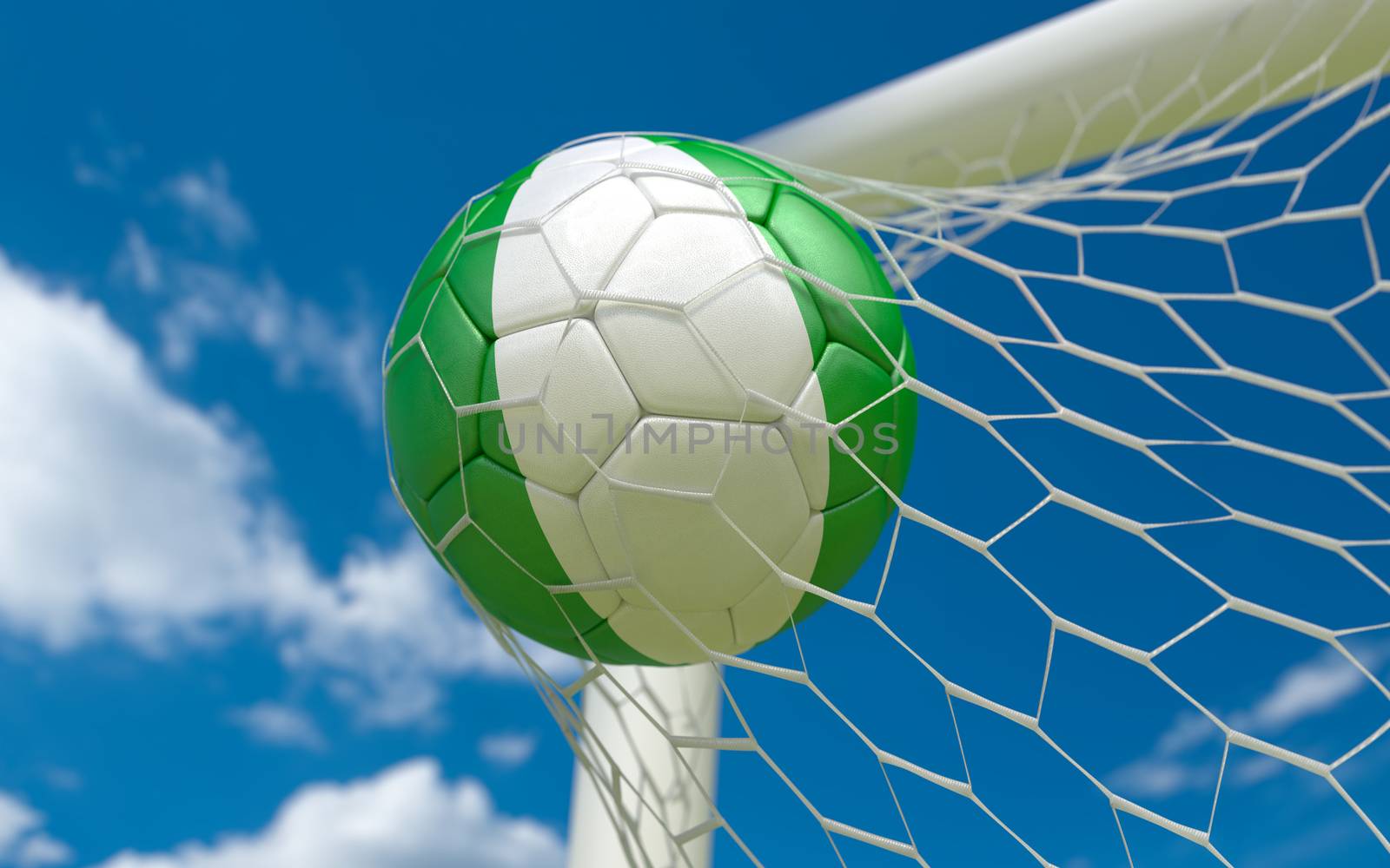 Nigeria flag and soccer ball in goal net by Barbraford