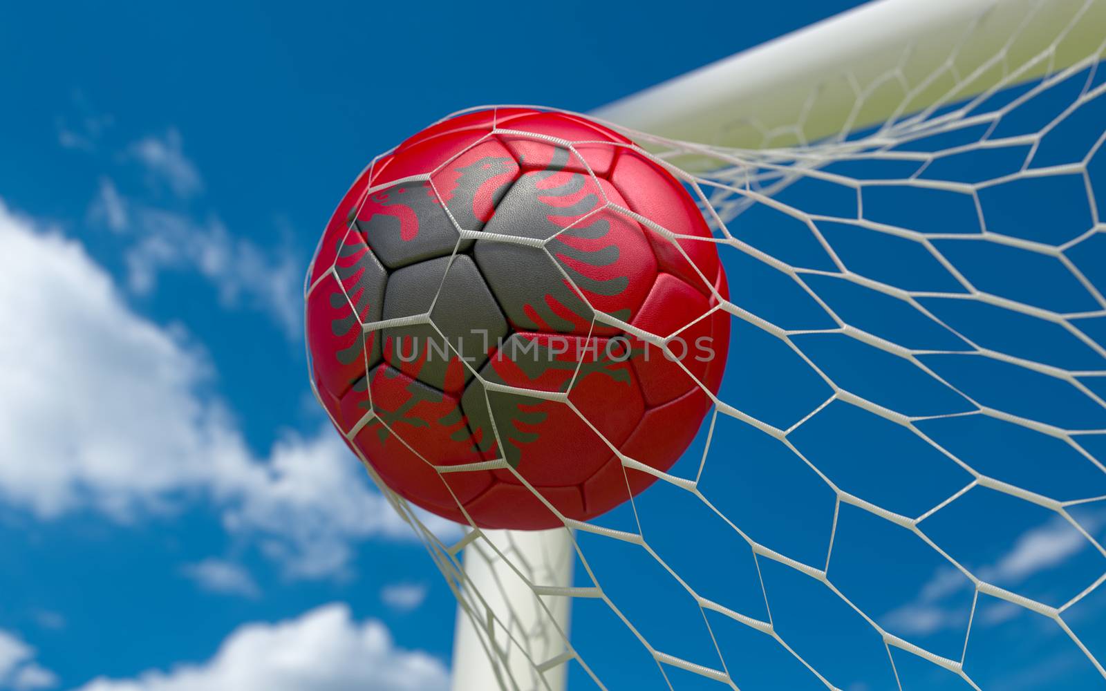 Albania flag and soccer ball, football in goal net