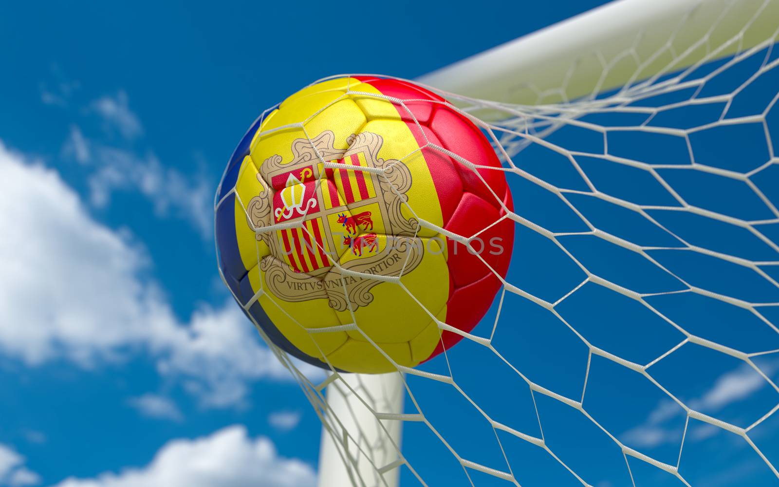 Andorra flag and soccer ball, football in goal net