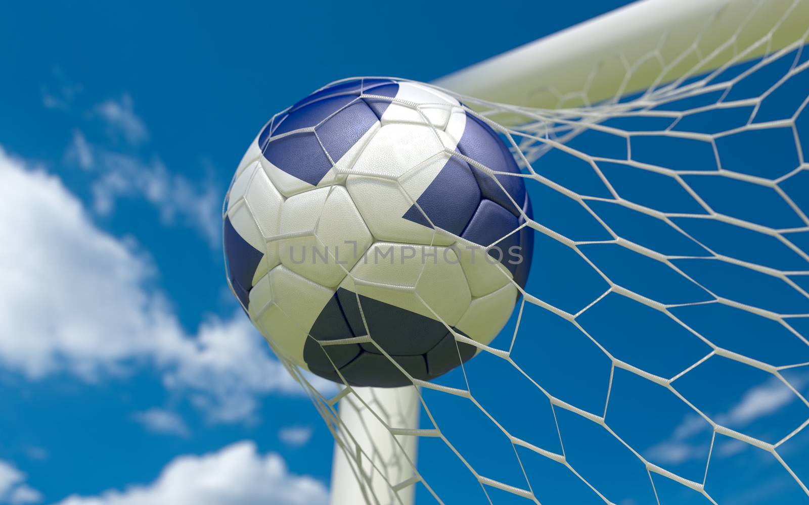 Scotland flag and soccer ball, football in goal net