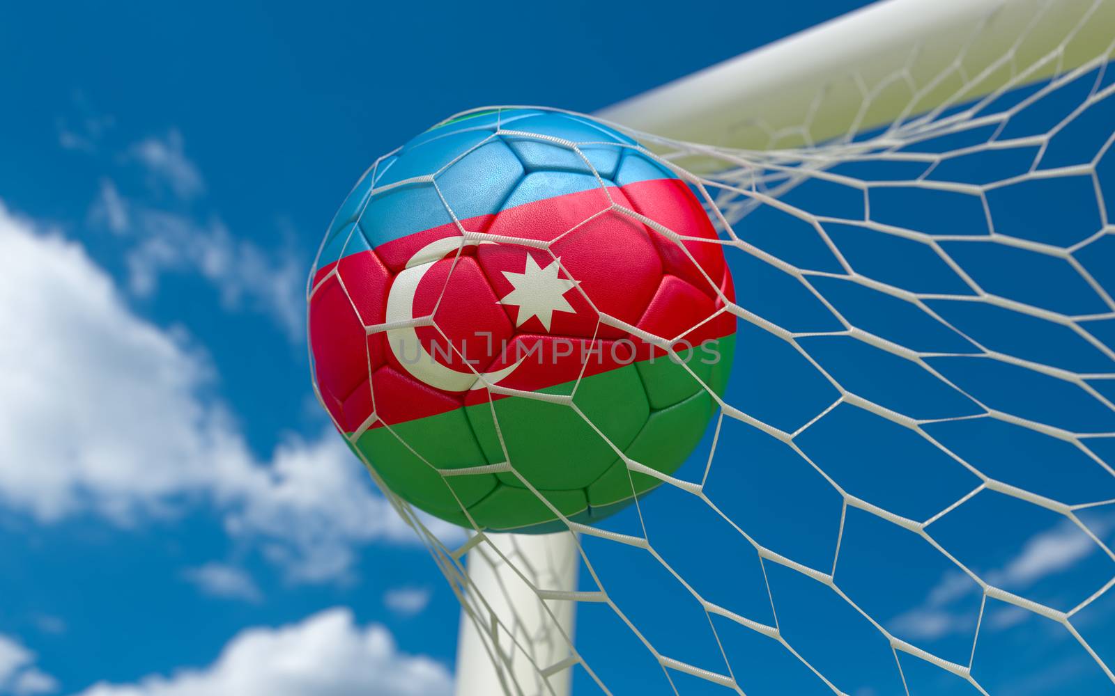 Flag of Azerbajan and soccer ball in goal net by Barbraford