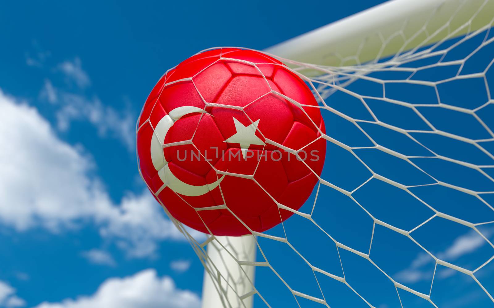 Turkey flag and soccer ball, football in goal net