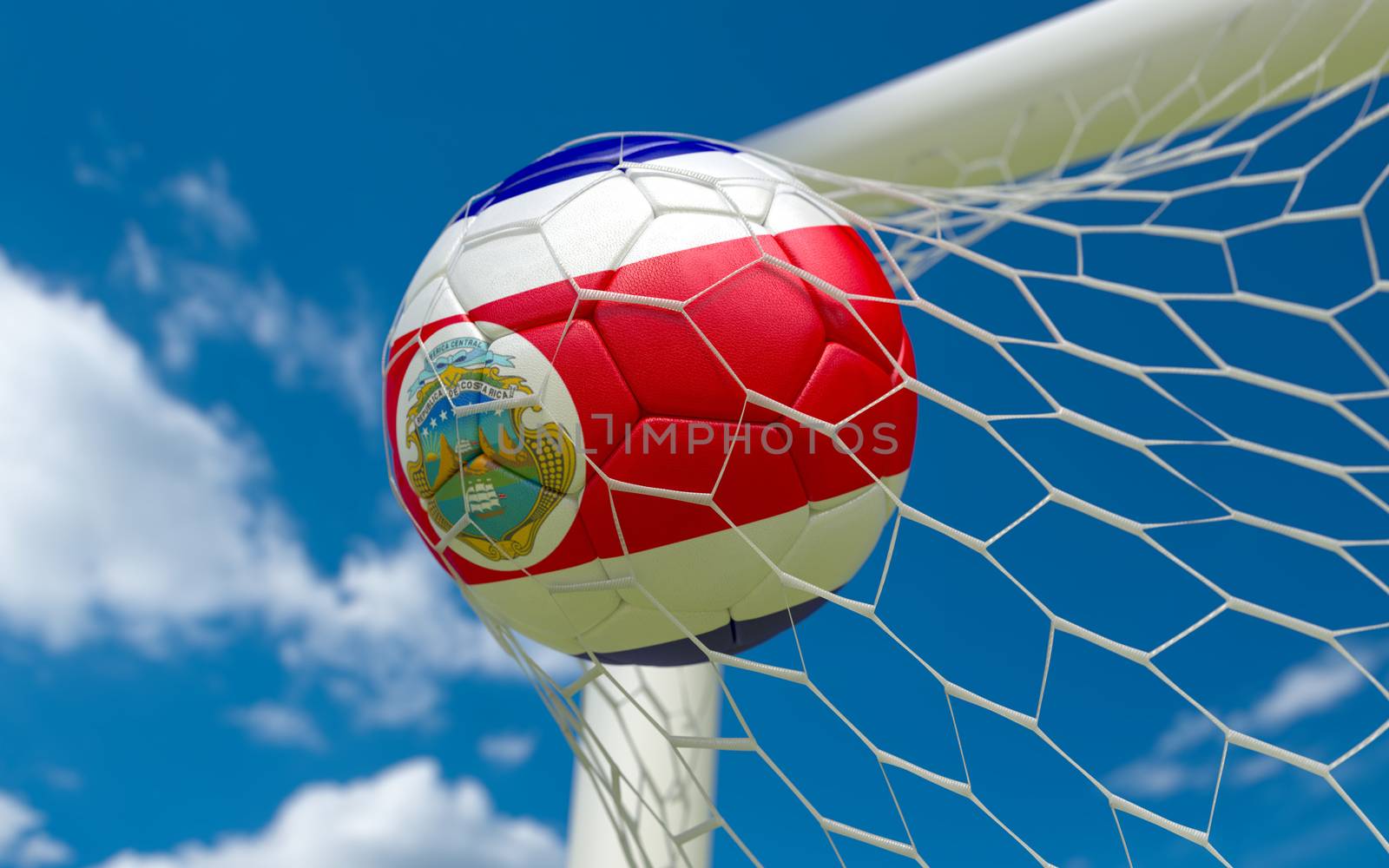 Costa Rica flag and soccer ball, football in goal net