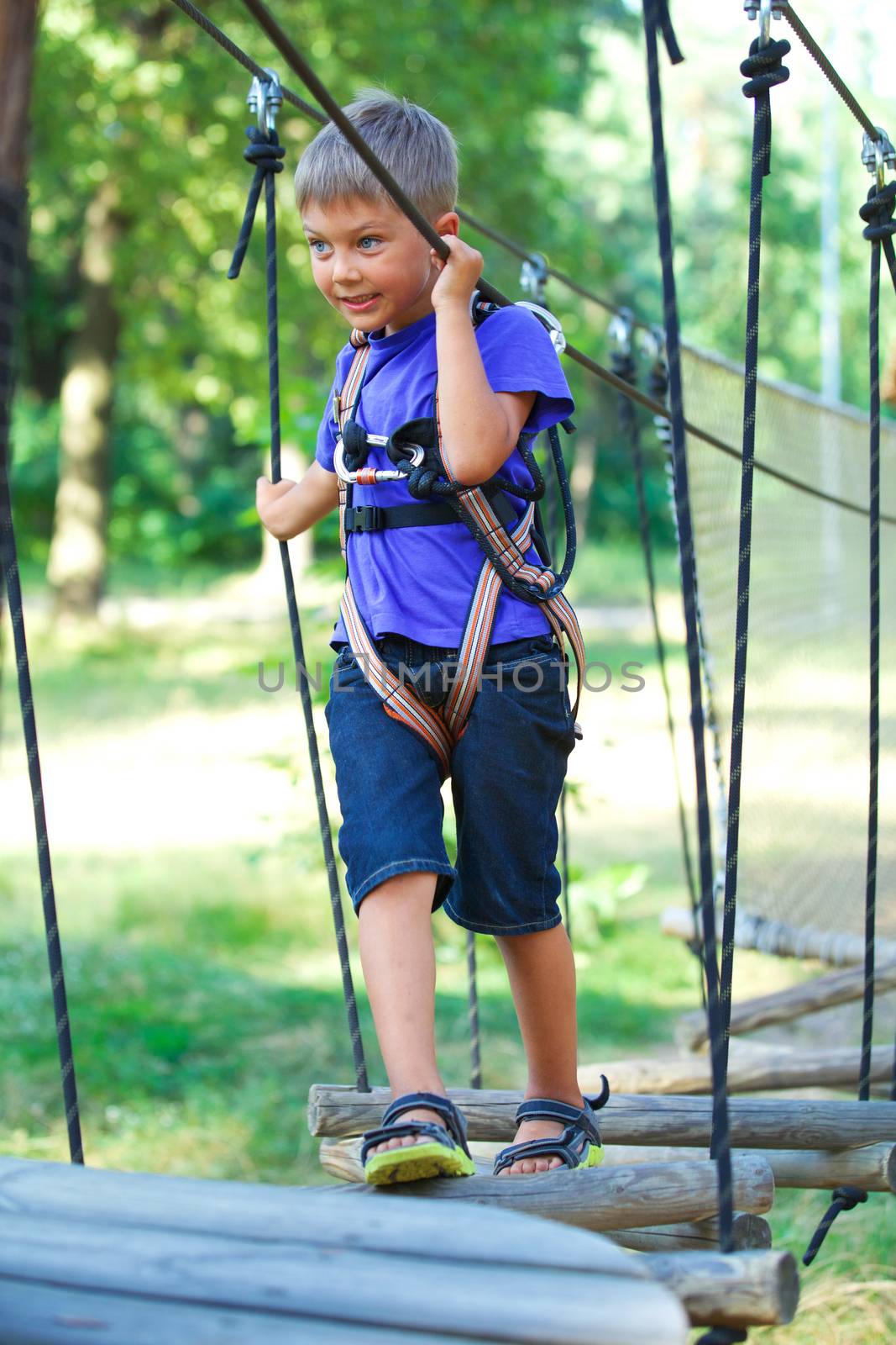 Happy child, preschool boy enjoying activity in a climbing adventure park on a summer day