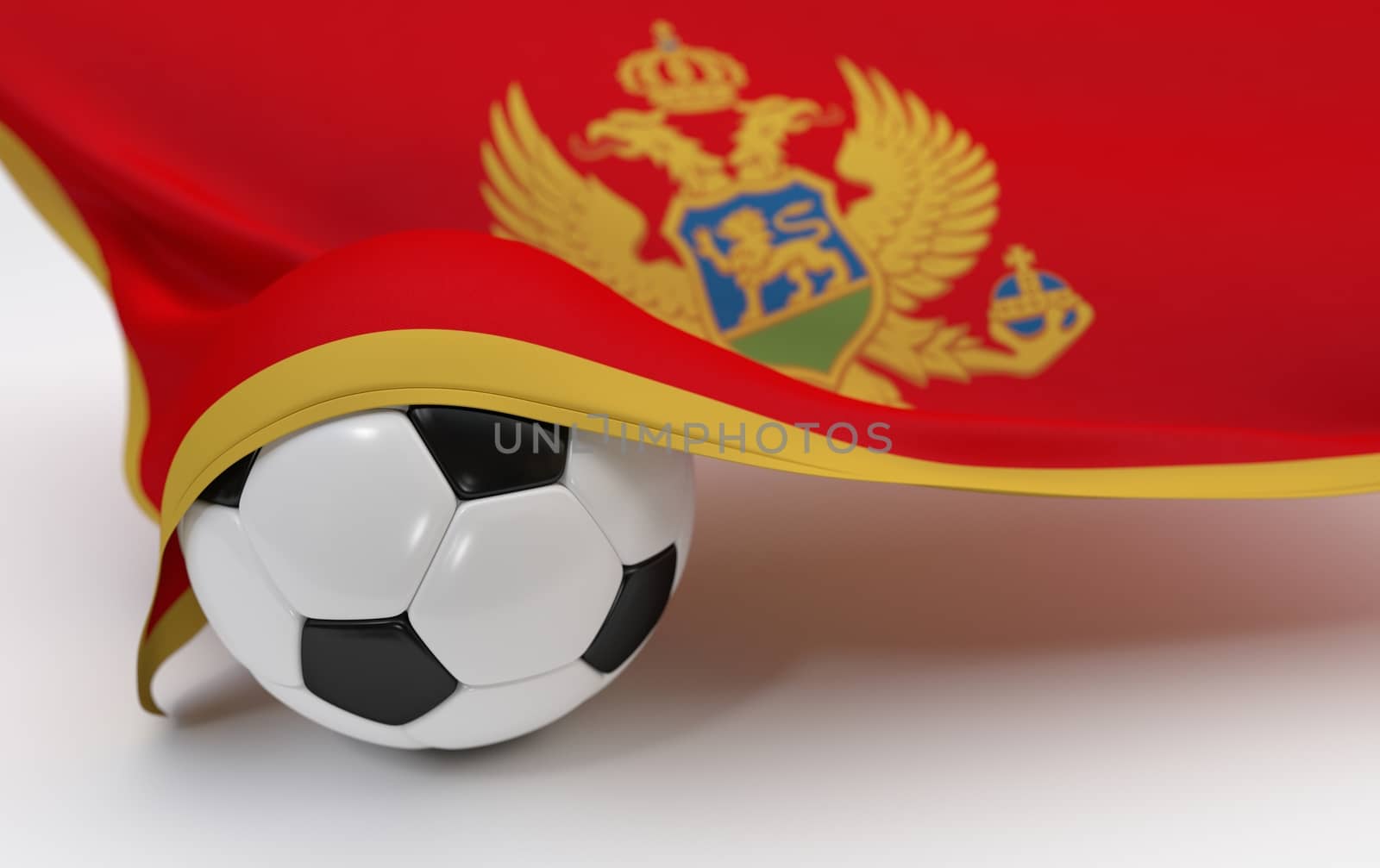 Montenegro flag and soccer ball on white backgrounds
