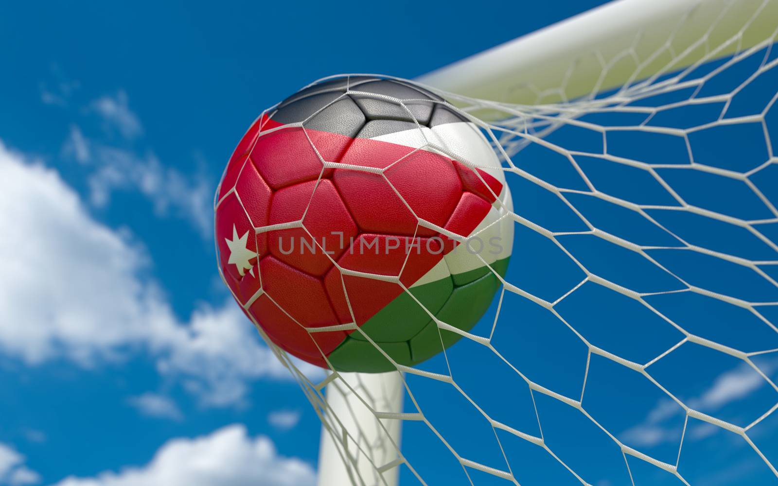 Jordan flag and soccer ball in goal net by Barbraford