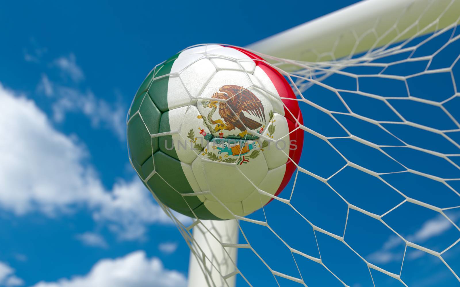Mexican flag and soccer ball in goal net by Barbraford