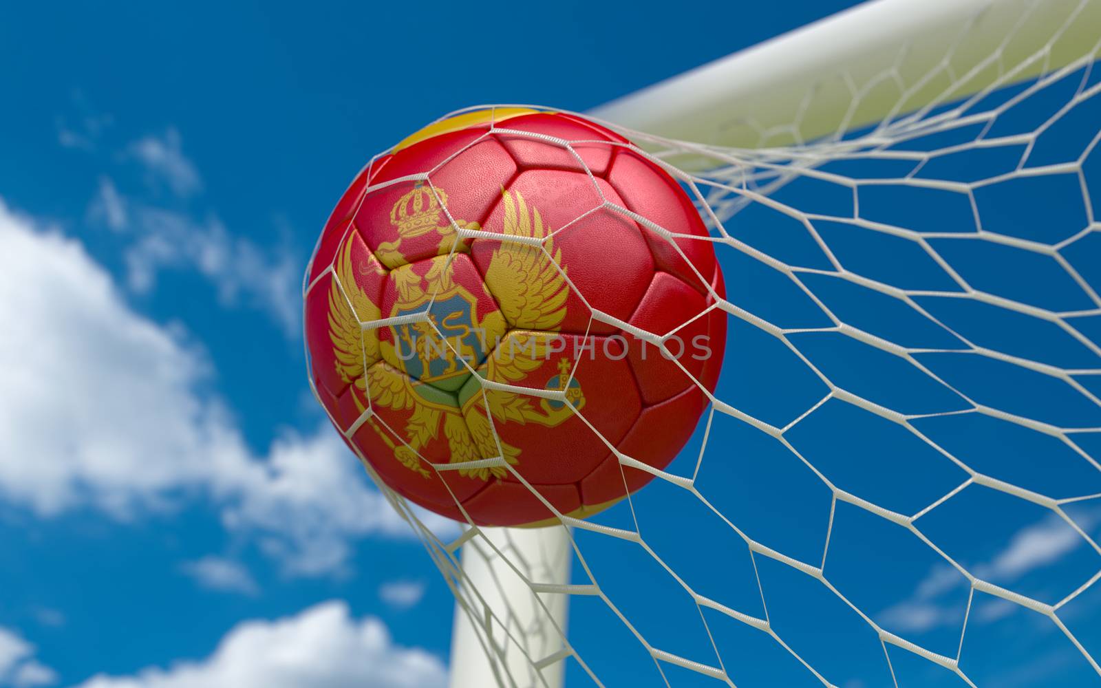 Montenegro flag and soccer ball, football in goal net
